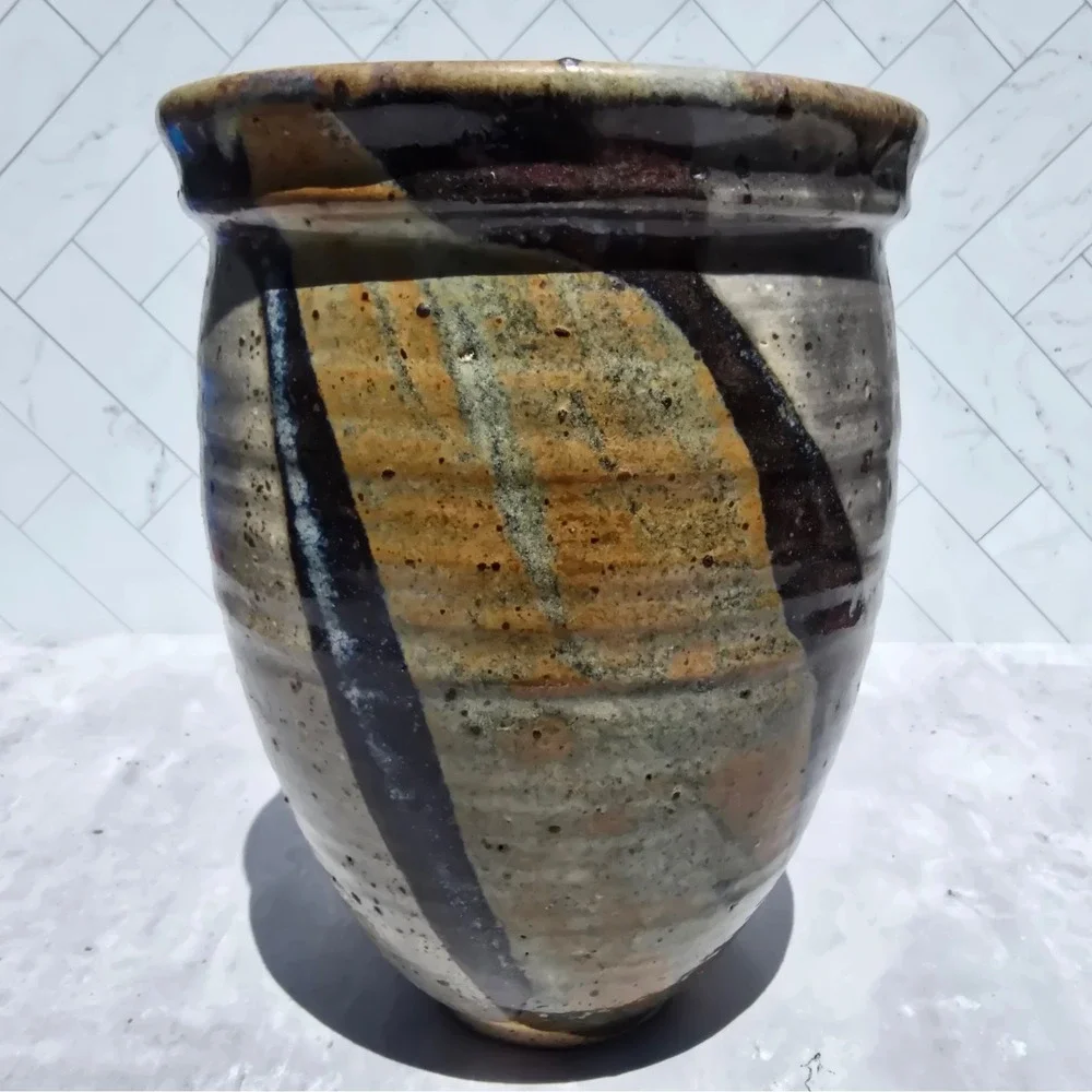 Studio MCM Pottery Hand Thrown Speckled Glaze Vase Abstract Indigo Ochre Signed